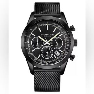 Stuhrling Mens Quartz Chronograph Black Stainless Steel Mesh Bracelet Watch 44mm